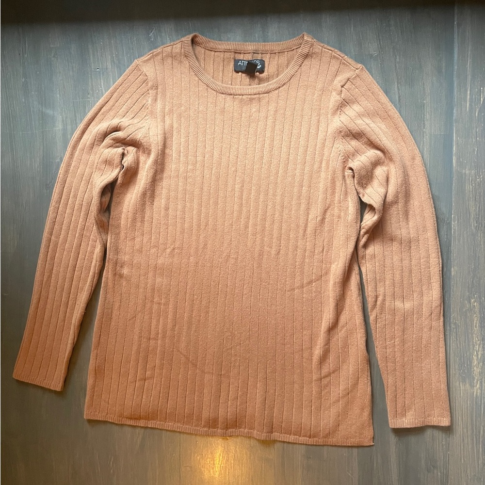 Attitudes by Renee Ribbed Crew Neck Sweater - Tan